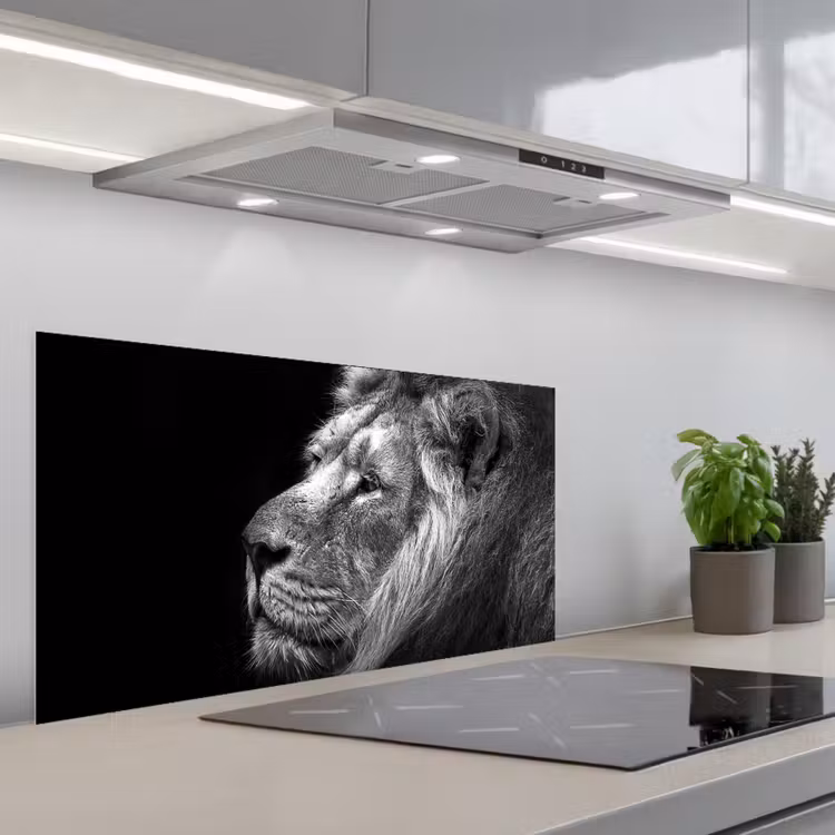 Leeuw tegen zwarte achtergrond in zwart-wit keuken achterwand spatscherm middel -3d_schuin