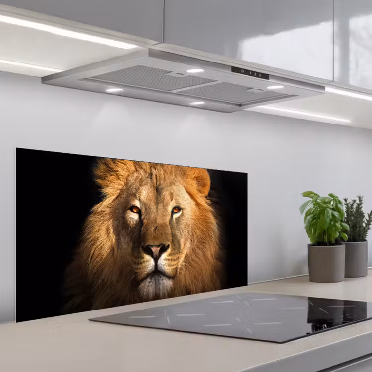 Leeuw - Dieren - Zwart - Licht - Bruin - Portret keuken achterwand spatscherm middel -3d_schuin