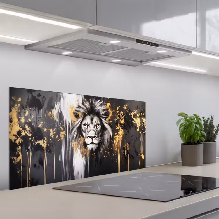 Leeuw - Portret - Verfspatten - Grijs keuken achterwand spatscherm middel -3d_schuin