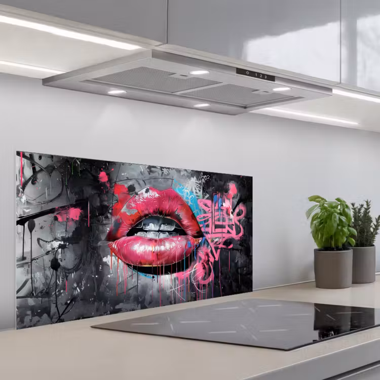 Lippen - Felroze - Graffiti - Verfstrepen keuken achterwand spatscherm middel -3d_schuin