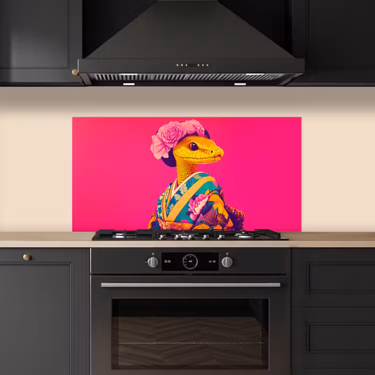 Hagedis - Bloemen - Roze - Kimono keuken achterwand spatscherm middel -sfeer1