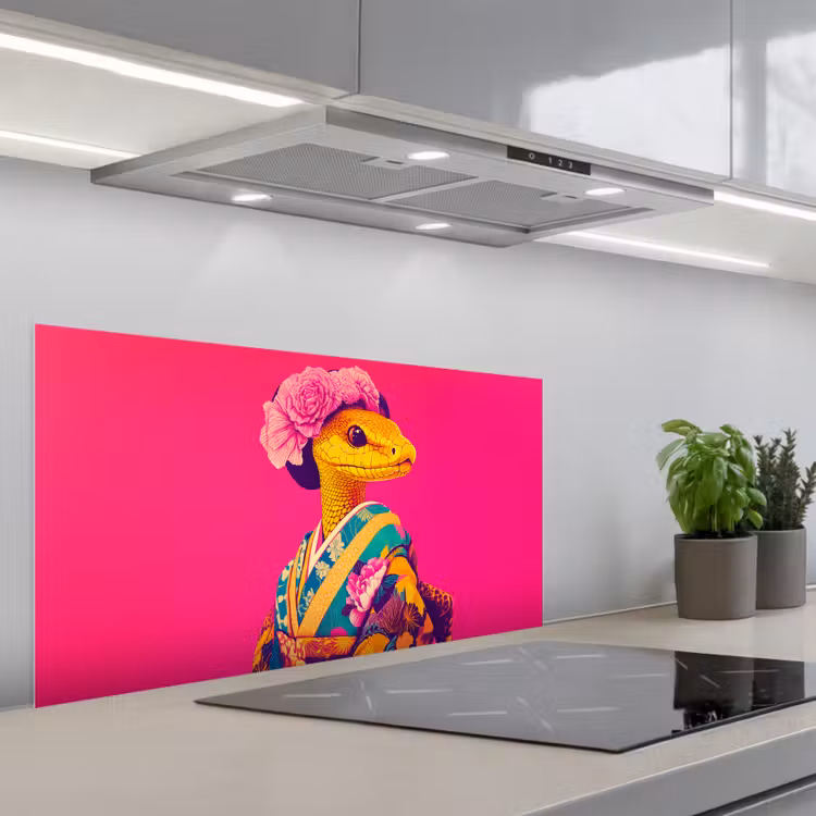 Hagedis - Bloemen - Roze - Kimono keuken achterwand spatscherm middel -3d_schuin