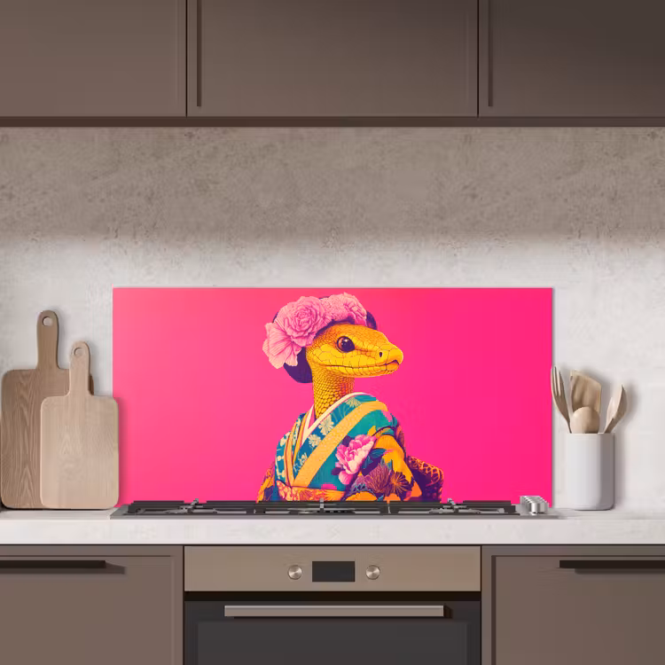 Hagedis - Bloemen - Roze - Kimono keuken achterwand spatscherm middel -sfeer2