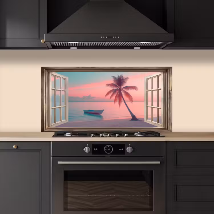 Doorkijk - Strand - Palmboom - Tropisch keuken achterwand spatscherm middel -sfeer1