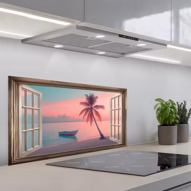 Doorkijk - Strand - Palmboom - Tropisch keuken achterwand spatscherm middel -3d_schuin