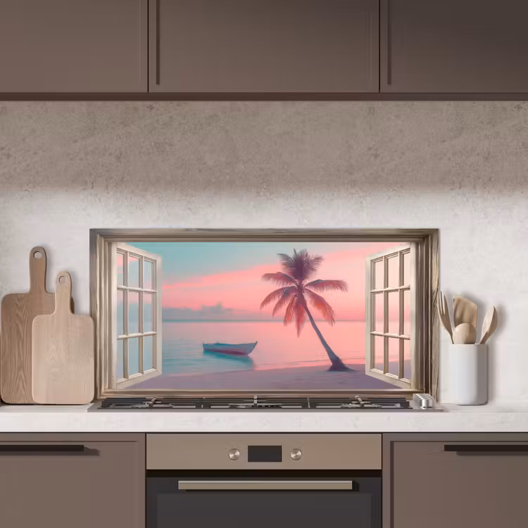 Doorkijk - Strand - Palmboom - Tropisch keuken achterwand spatscherm middel -sfeer2