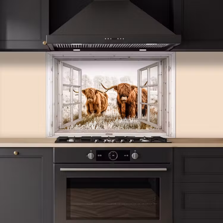 Doorkijk - Schotse hooglander - Dieren keuken achterwand spatscherm middel -sfeer1