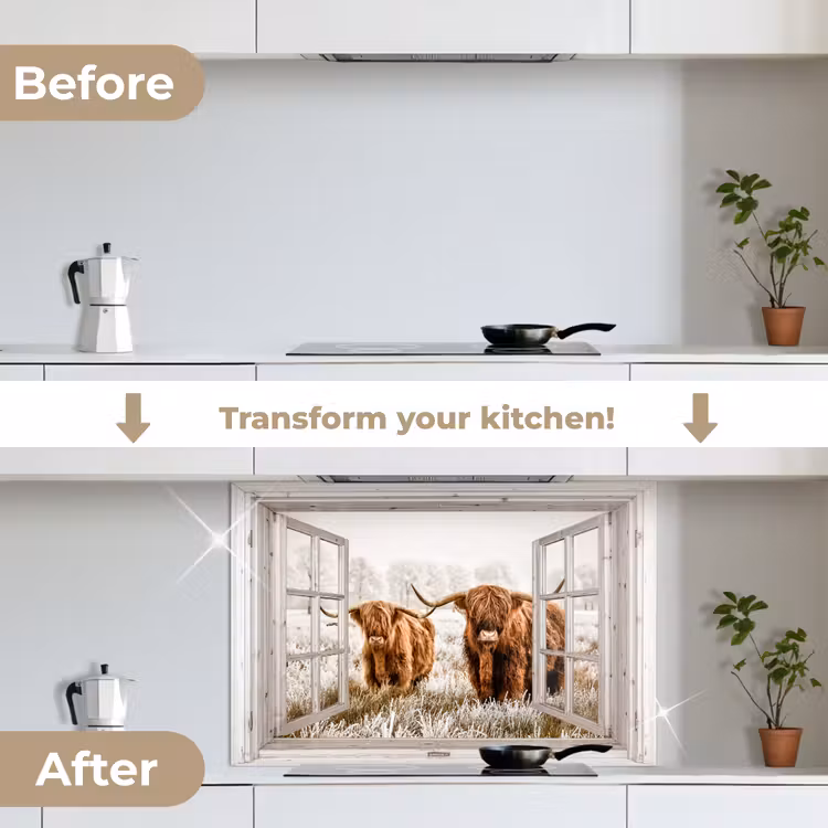 Doorkijk - Schotse hooglander - Dieren keuken achterwand spatscherm middel -voor_na_EN