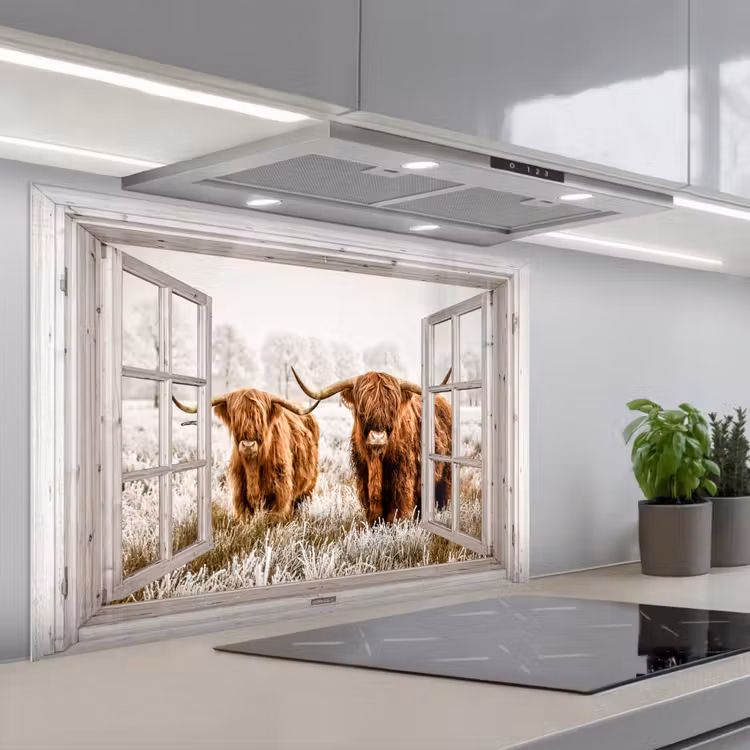 Doorkijk - Schotse hooglander - Dieren keuken achterwand spatscherm middel -3d_schuin