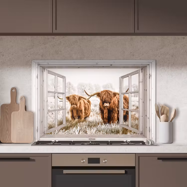 Doorkijk - Schotse hooglander - Dieren keuken achterwand spatscherm middel -sfeer2