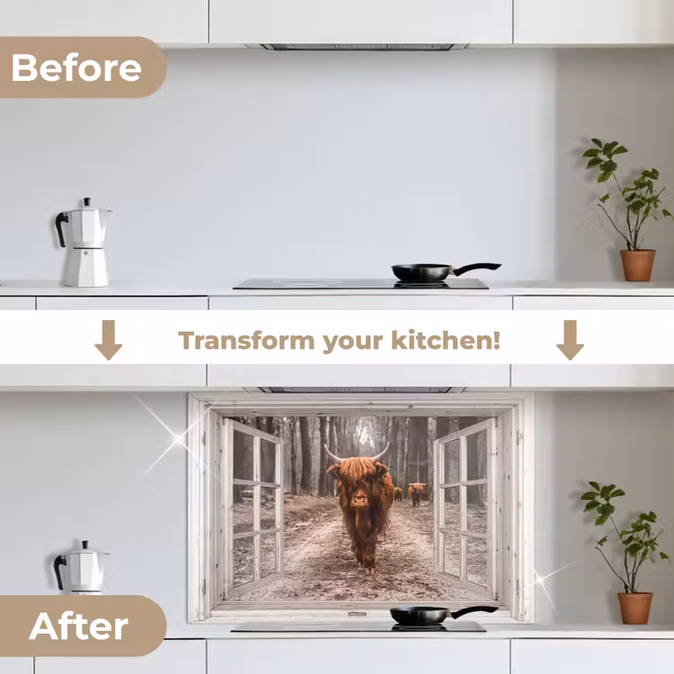 Doorkijk - Schotse Hooglander - Raam keuken achterwand spatscherm middel -voor_na_EN