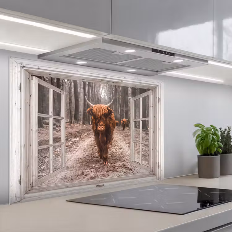 Doorkijk - Schotse Hooglander - Raam keuken achterwand spatscherm middel -3d_schuin