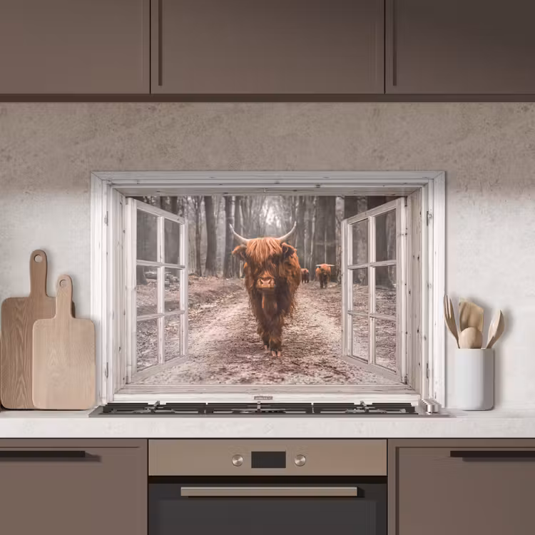 Doorkijk - Schotse Hooglander - Raam keuken achterwand spatscherm middel -sfeer2