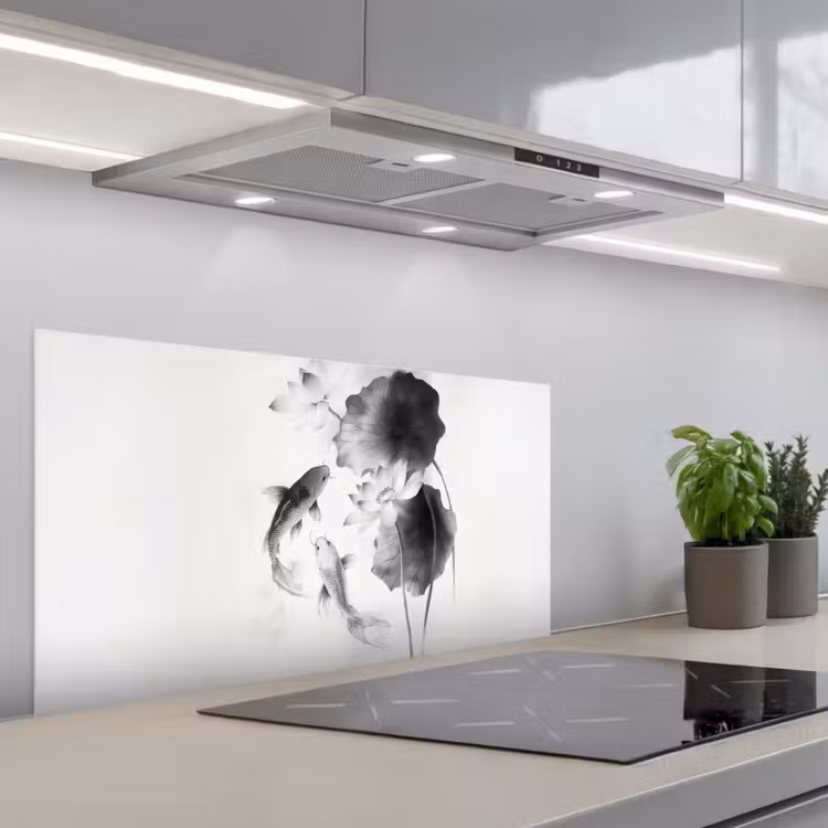 Lotusbloemen - Vissen - Bladeren - Zwart keuken achterwand spatscherm middel -3d_schuin
