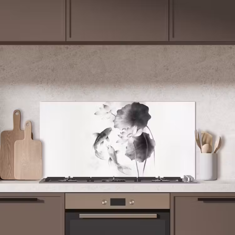 Lotusbloemen - Vissen - Bladeren - Zwart keuken achterwand spatscherm middel -sfeer2