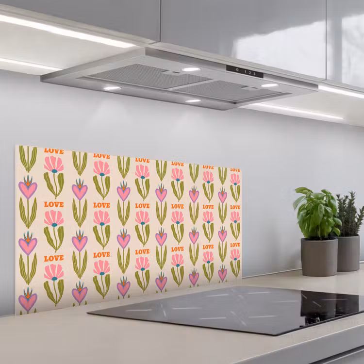 Love - Patroon - Bloemen - Hartjes keuken achterwand spatscherm middel 899 -3d_schuin