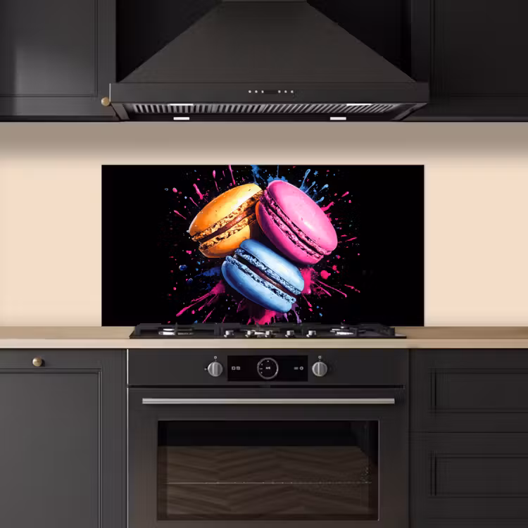 Macarons - Dessert - Graffiti - Kleurrijk - Roze - Blauw - Geel keuken achterwand spatscherm middel -sfeer1