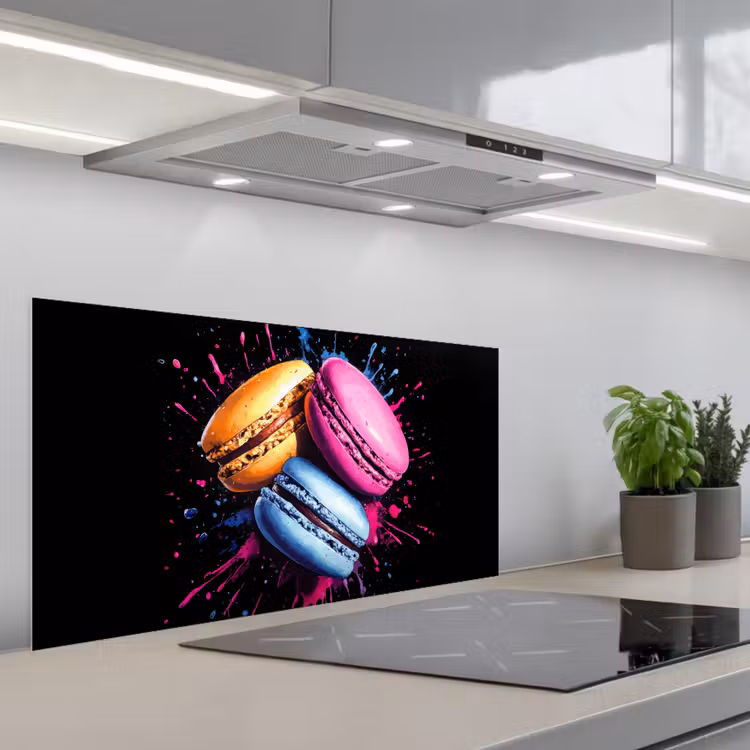 Macarons - Dessert - Graffiti - Kleurrijk - Roze - Blauw - Geel keuken achterwand spatscherm middel -3d_schuin