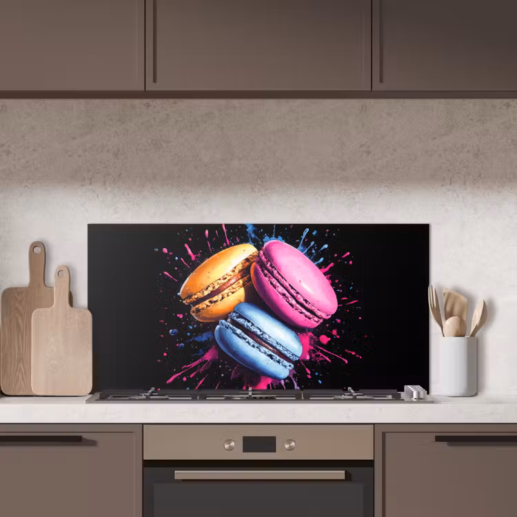 Macarons - Dessert - Graffiti - Kleurrijk - Roze - Blauw - Geel keuken achterwand spatscherm middel -sfeer2
