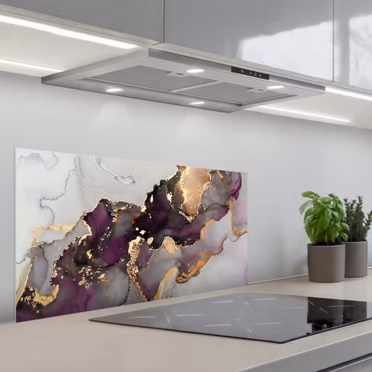 Marmer - Abstract - Goud - Paars keuken achterwand spatscherm middel -3d_schuin