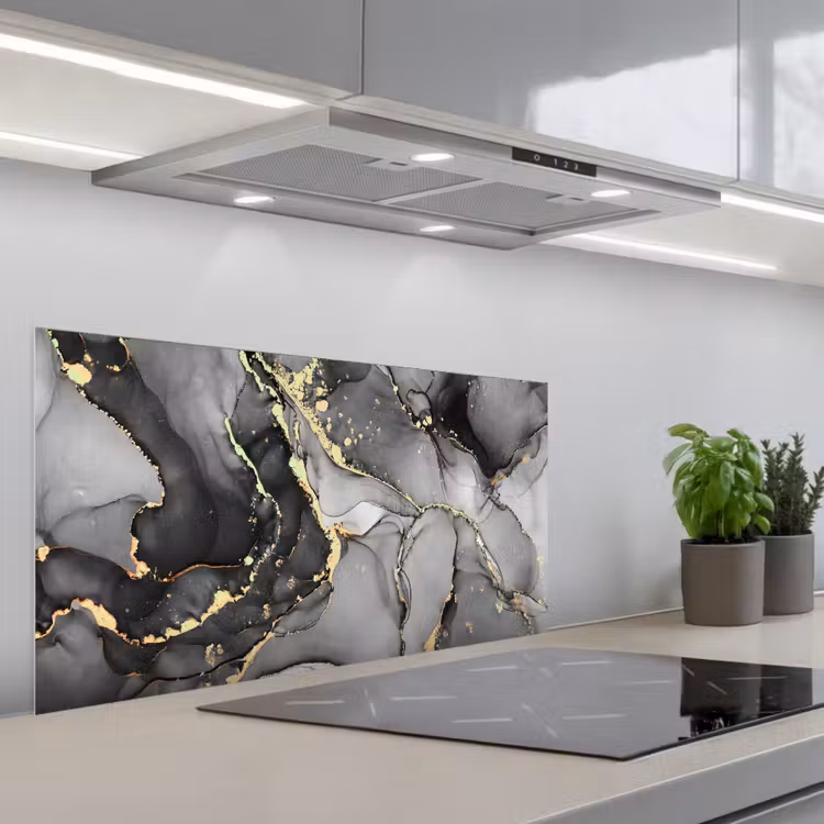 Marmer - Zwart - Goud - Grijs keuken achterwand spatscherm middel -3d_schuin