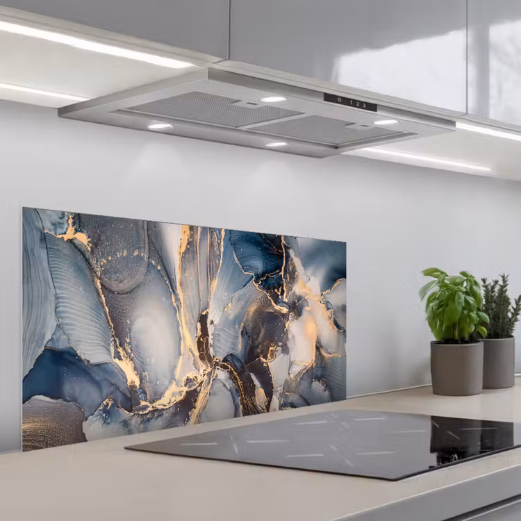 Marmer - Grijs - Blauw - Luxe - Goud keuken achterwand spatscherm middel -3d_schuin