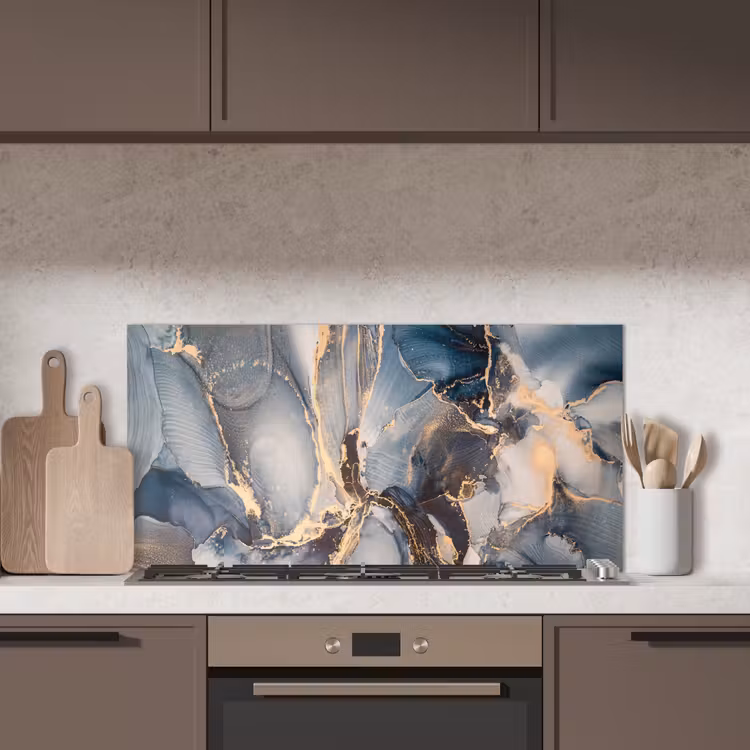 Marmer - Grijs - Blauw - Luxe - Goud keuken achterwand spatscherm middel -sfeer2