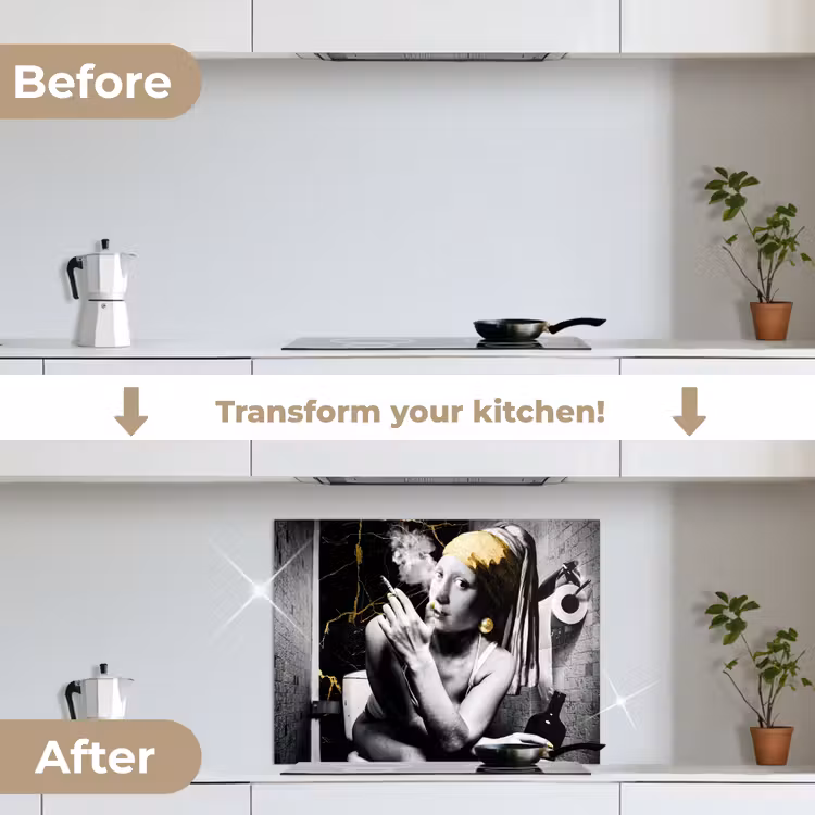 Marmerlook - Meisje met de parel - Sigaretten - Toilet - Goud - Kunst - Oude meesters keuken achterwand spatscherm middel -voor_na_EN