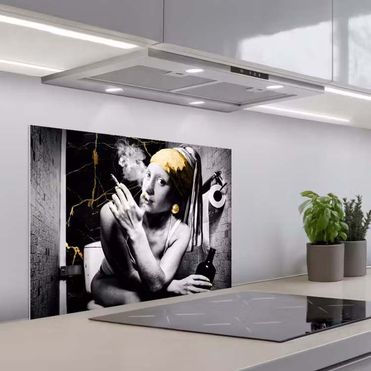 Marmerlook - Meisje met de parel - Sigaretten - Toilet - Goud - Kunst - Oude meesters keuken achterwand spatscherm middel -3d_schuin