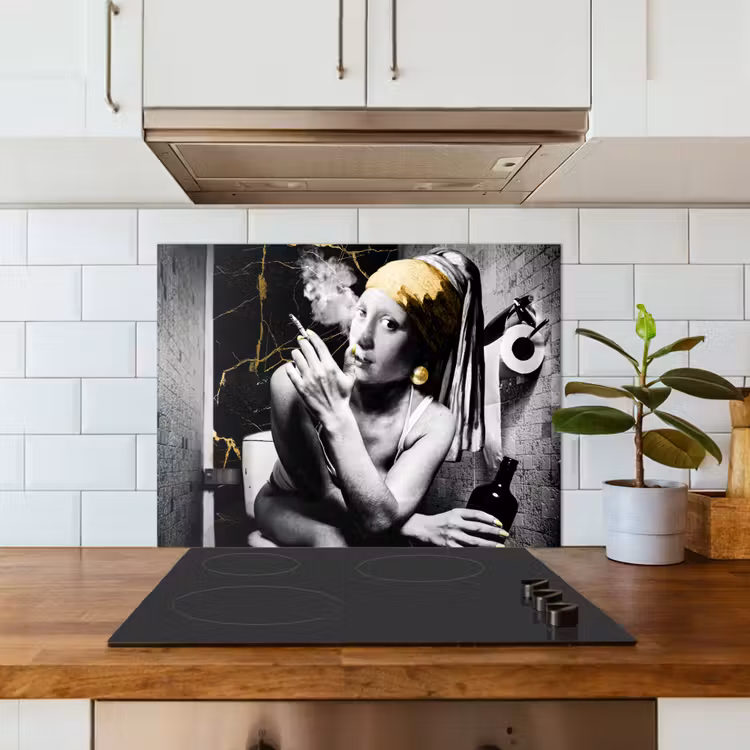 Marmerlook - Meisje met de parel - Sigaretten - Toilet - Goud - Kunst - Oude meesters keuken achterwand spatscherm middel -sfeer2
