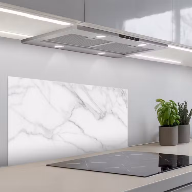 Marmer - Structuur - Wit - Grijs - Steen - Marmerlook keuken achterwand spatscherm middel -3d_schuin