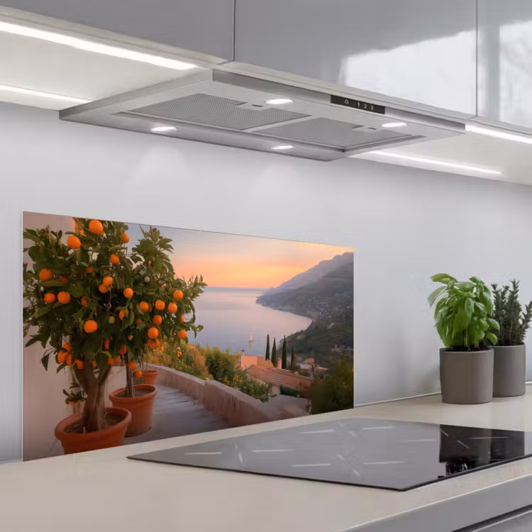 Middelandse zee - Sinaasappel - Heuvels - Zee keuken achterwand spatscherm middel -3d_schuin