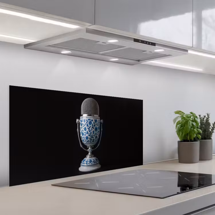 Microfoon - Delfts blauw - Muziek keuken achterwand spatscherm middel -3d_schuin
