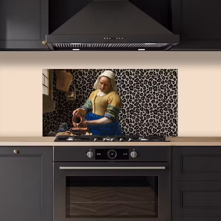 Melkmeisje - Kunst - Panterprint - Vermeer - Schilderij - Oude meesters keuken achterwand spatscherm middel -sfeer1