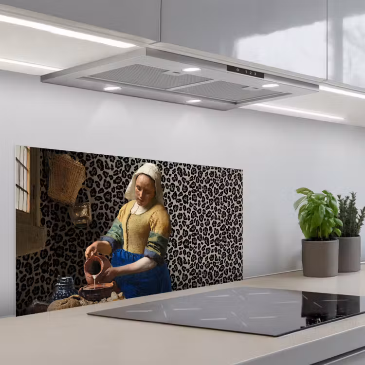 Melkmeisje - Kunst - Panterprint - Vermeer - Schilderij - Oude meesters keuken achterwand spatscherm middel -3d_schuin