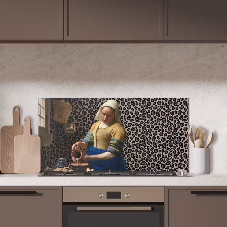 Melkmeisje - Kunst - Panterprint - Vermeer - Schilderij - Oude meesters keuken achterwand spatscherm middel -sfeer2