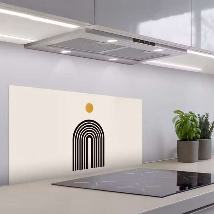 Minimalistisch - Zwarte boog - Gouden cirkel keuken achterwand spatscherm middel -3d_schuin
