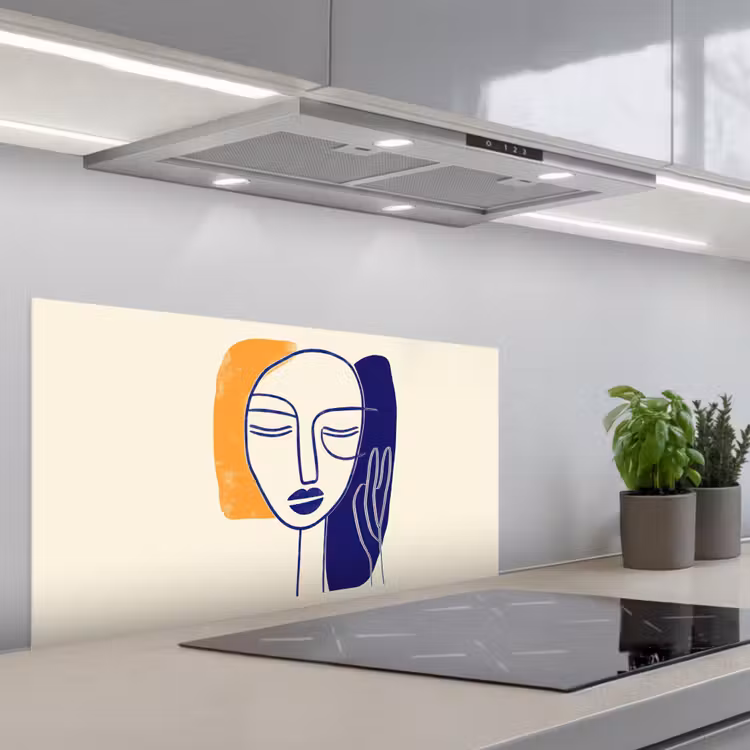 Minimalistisch - Gezicht - Hand - Oranje - Blauw keuken achterwand spatscherm middel -3d_schuin