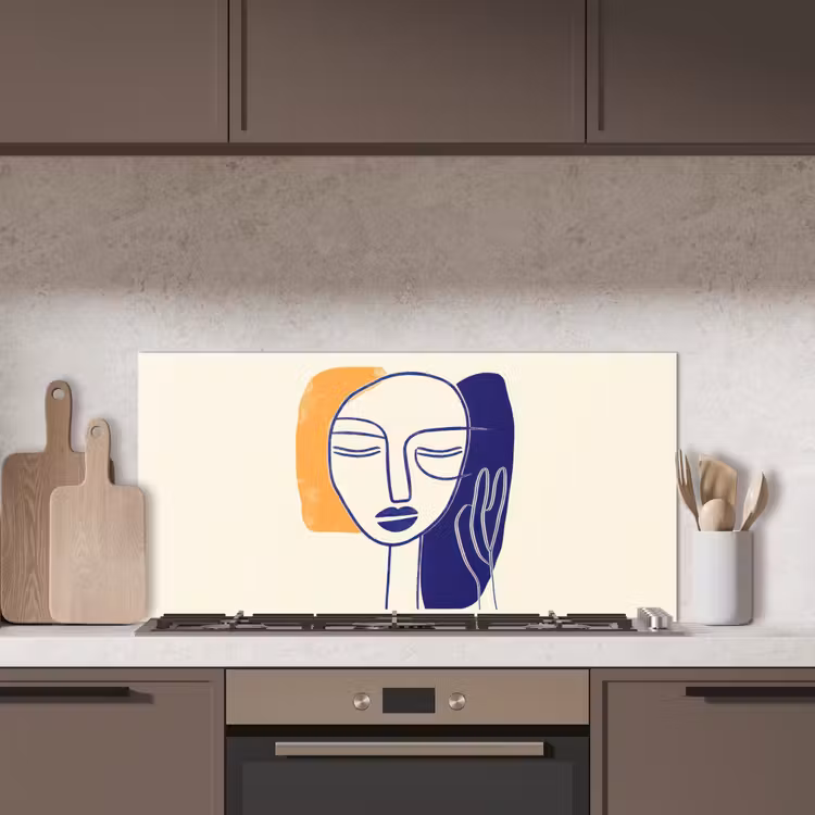 Minimalistisch - Gezicht - Hand - Oranje - Blauw keuken achterwand spatscherm middel -sfeer2