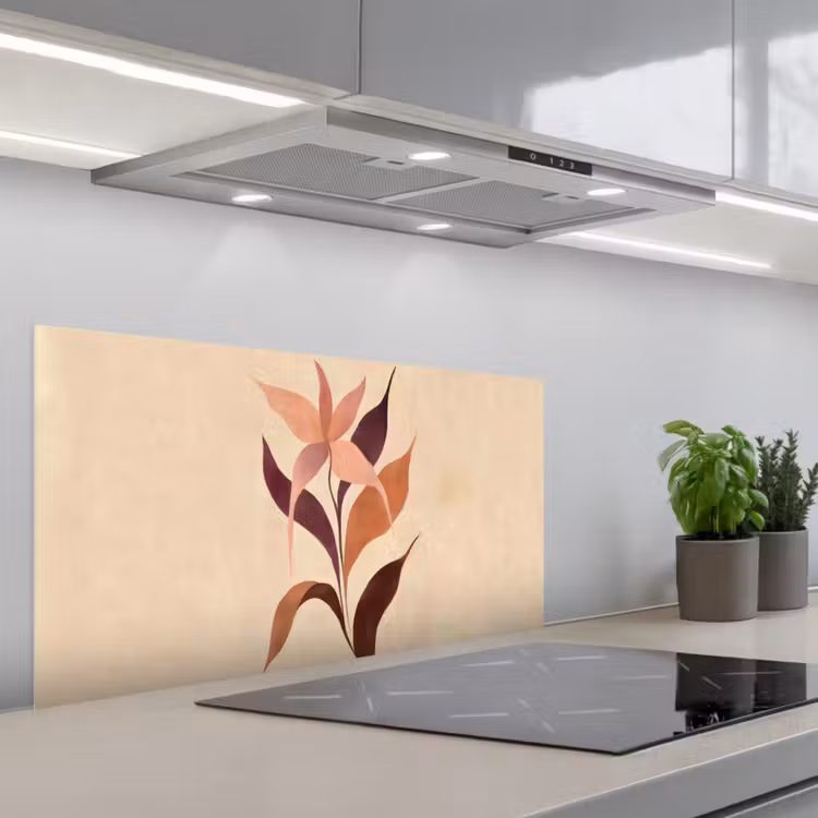 Minimalistisch - Bloem - Bladeren - Beige keuken achterwand spatscherm middel -3d_schuin