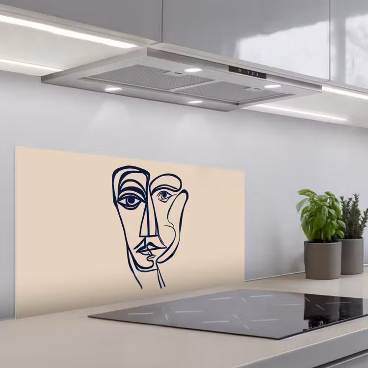 Minimalistisch - Lijnillustratie - Beige - Donkerblauw keuken achterwand spatscherm middel -3d_schuin