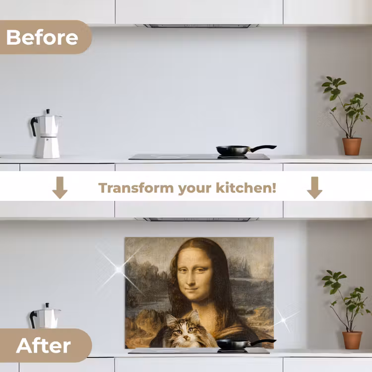 Mona Lisa - Kat - Leonardo da Vinci - Vintage - Kunstwerk - Oude meesters - Schilderij keuken achterwand spatscherm middel -voor_na_EN