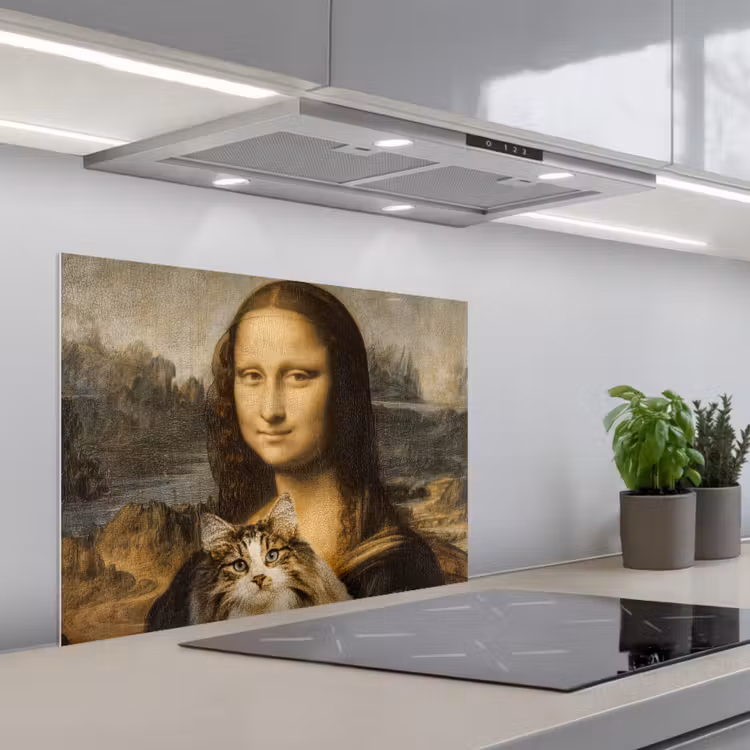 Mona Lisa - Kat - Leonardo da Vinci - Vintage - Kunstwerk - Oude meesters - Schilderij keuken achterwand spatscherm middel -3d_schuin