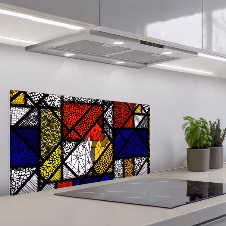 Mondriaan - Glas in lood - Oude Meesters - Kunstwerk - Abstract - Schilderij keuken achterwand spatscherm middel -3d_schuin