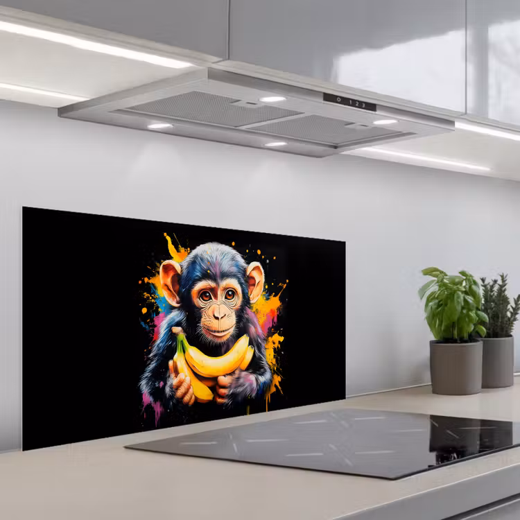 Aap - Graffiti - Kleurrijk - Bananen - Modern keuken achterwand spatscherm middel -3d_schuin