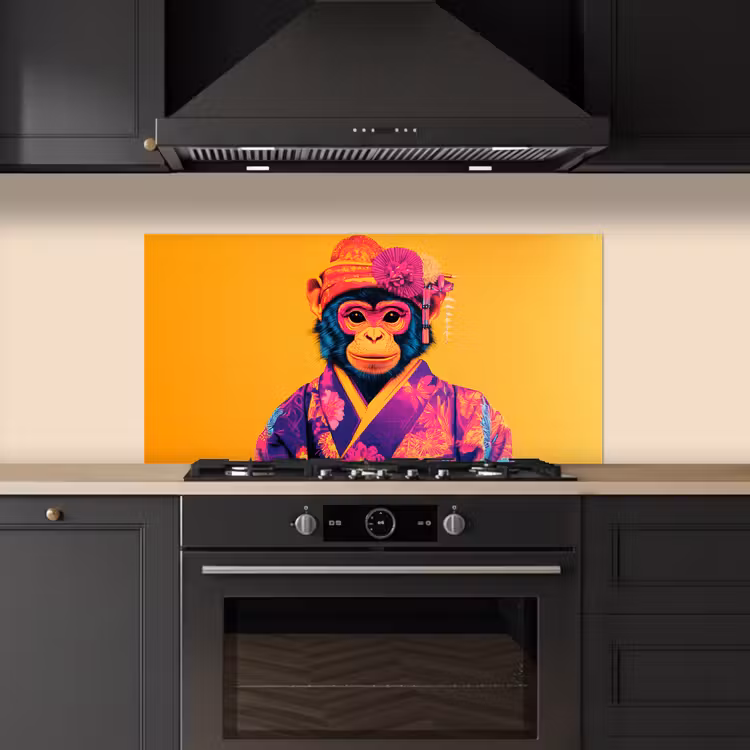 Aap - Kimono - Bloemen - Hoofdtooi keuken achterwand spatscherm middel -sfeer1