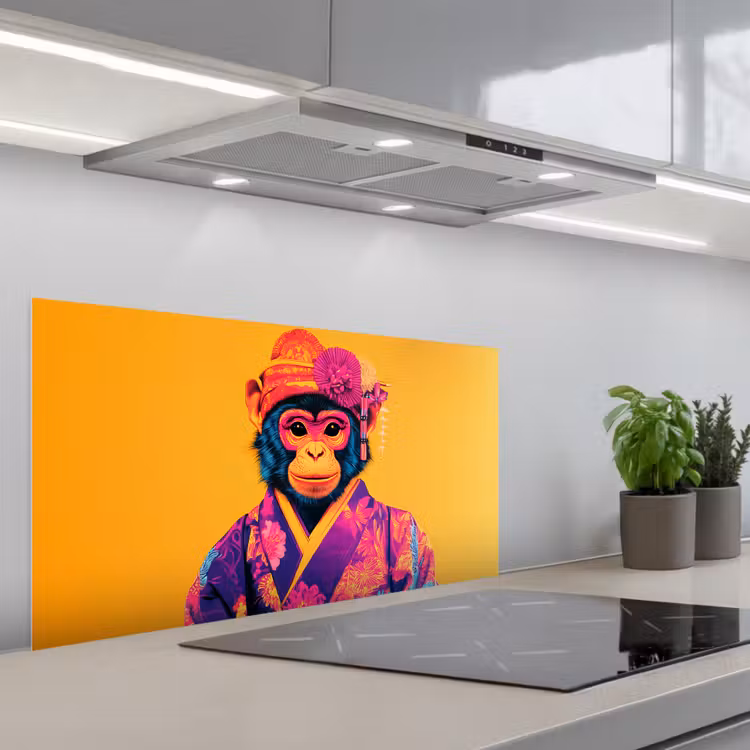 Aap - Kimono - Bloemen - Hoofdtooi keuken achterwand spatscherm middel -3d_schuin