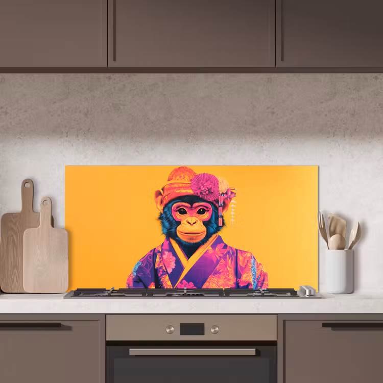 Aap - Kimono - Bloemen - Hoofdtooi keuken achterwand spatscherm middel -sfeer2