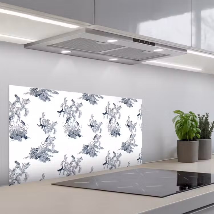 Aap - Palmboom - Blauw keuken achterwand spatscherm middel 899 -3d_schuin