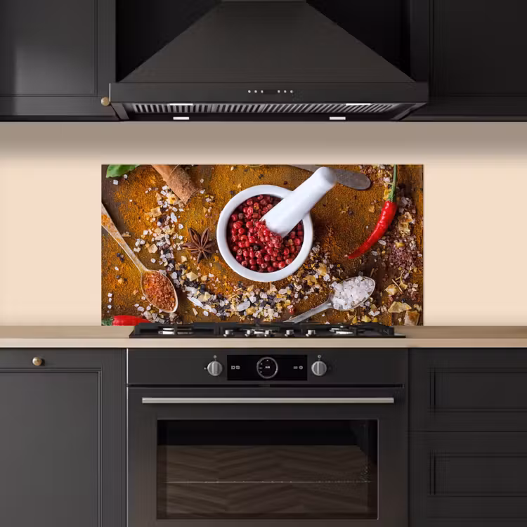 Vijzel - Kruiden - Lepels - Specerijen - Bruin - Peper keuken achterwand spatscherm middel -sfeer1